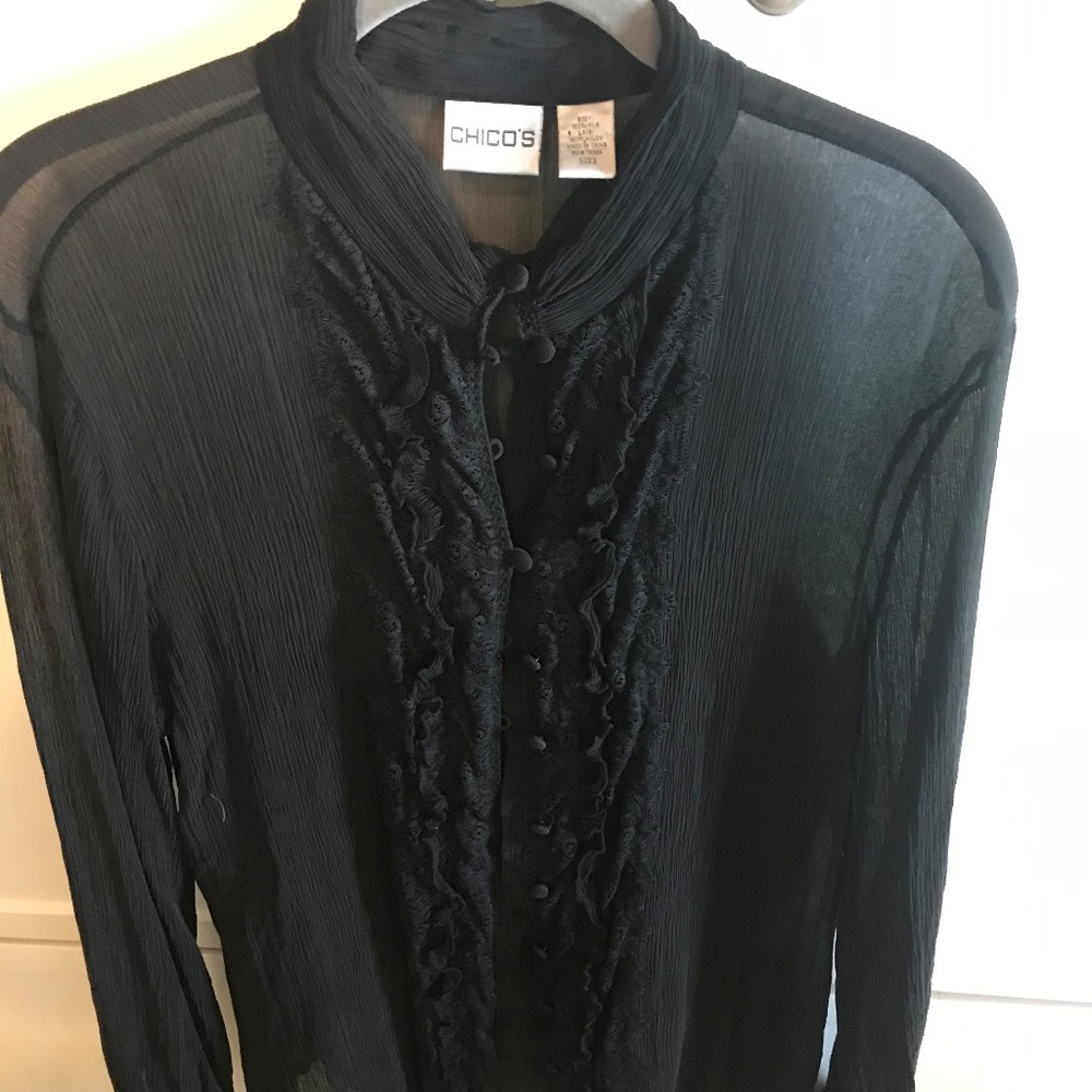 Chico's sheer black long sleeved button blouse